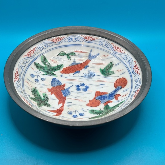 Andrea by Sadek koi fish bowl trimmed in pewter, Asian decor - Picture 1 of 4